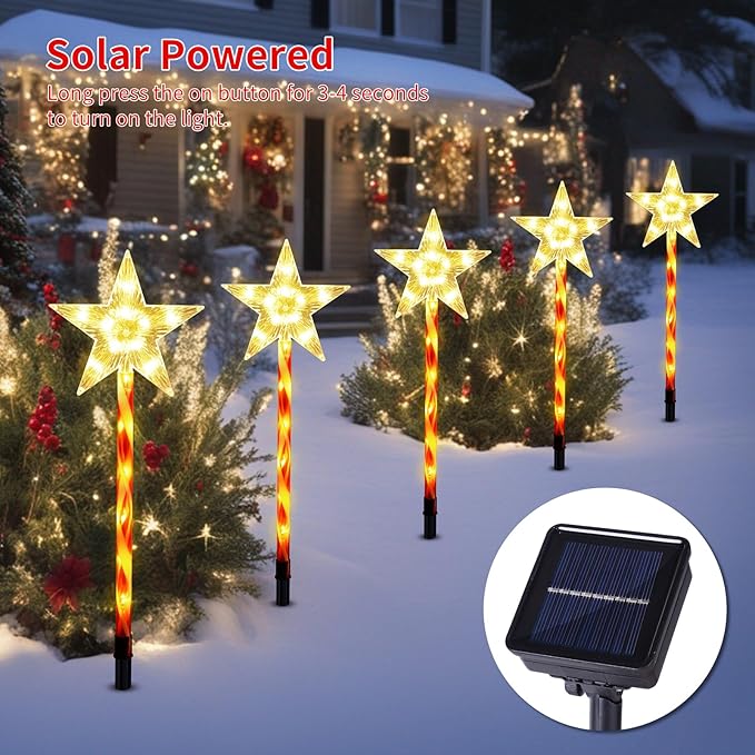 Solar Christmas Pathway Lights Outdoor Decorations, 8 Modes Star Candy Lights Waterproof Led Garden Stake Lights for Walkway Yard Lawn Porch Holiday Decor 5-Pack (Warm White Star Lights) BRIGHTDECK