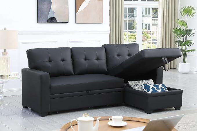 RITSU L-Shaped Sectional Upholstered Sofa Bed with Storage Chaise, Faux Leather Pull Out Corner Couch, Tufted Cushions, for Office, Living Room, Apartment, Black, 82 inch - LeafyLoom