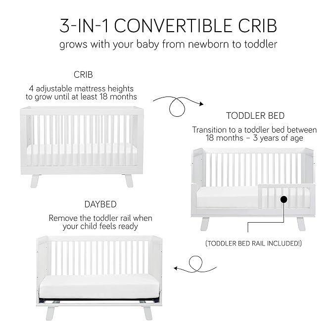 Babyletto Hudson 3-in-1 Convertible Crib with Toddler Bed Conversion Kit in White, Greenguard Gold Certified , 53.75x29.75x35 Inch (Pack of 1) - LeafyLoom