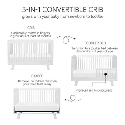 Babyletto Hudson 3-in-1 Convertible Crib with Toddler Bed Conversion Kit in White, Greenguard Gold Certified , 53.75x29.75x35 Inch (Pack of 1) - LeafyLoom