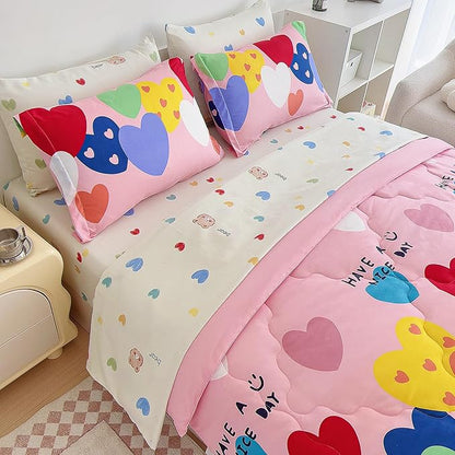 7 Piece Kids Pink Heart Bedding Sets Twin Comforter Set with Sheets - Colourful Reversible Heart Shaped Cute Bedding for Girls Kids - Love Quilt Bed in a Bag All Season - LeafyLoom