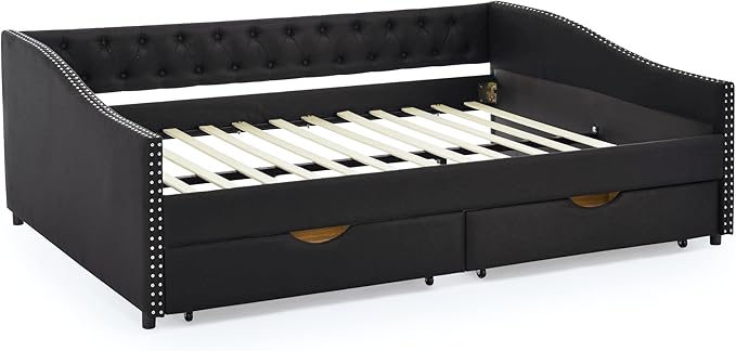 RITSU Queen Size Mid-Century Daybed, 2 Storage Drawers,Linen Button Upholstered Tufted Sofa Bed, Copper Nail on Waved Shape Arms, No Box Spring Needed,for Bedroom, Livingroom, Black, 84.50 - LeafyLoom