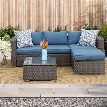 Wisteria Lane 2 Pieces Patio Furniture Sets, Outdoor Sectional Furniture with Armless Sofa, Tempered Glass Table and Cushion, Patio Conversation Sets for Garden Backyard, Blue - LeafyLoom