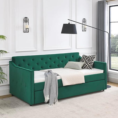 RITSU Twin Size Daybed with Casters, Modern Button Upholstered Velvet Sofa Bed w/Waved Shape Arms, No Box Spring Needed, for Bedroom, Livingroom, Green, 80.50 - LeafyLoom