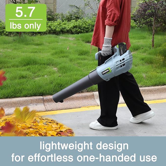 WORKPRO 20V Cordless Leaf Blower with 5 Adjustable Speeds, 350 CFM Powered Blower Sweeper for Lawn Care Snow Blowing Yard Cleaning, 4.0Ah Larger Capacity Battery and Quick Charger Included - LeafyLoom