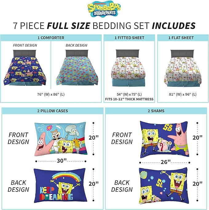 Franco Kids Bedding Super Soft Comforter and Sheet Set with Sham, 7 Piece Full Size, Spongebob Squarepants - LeafyLoom