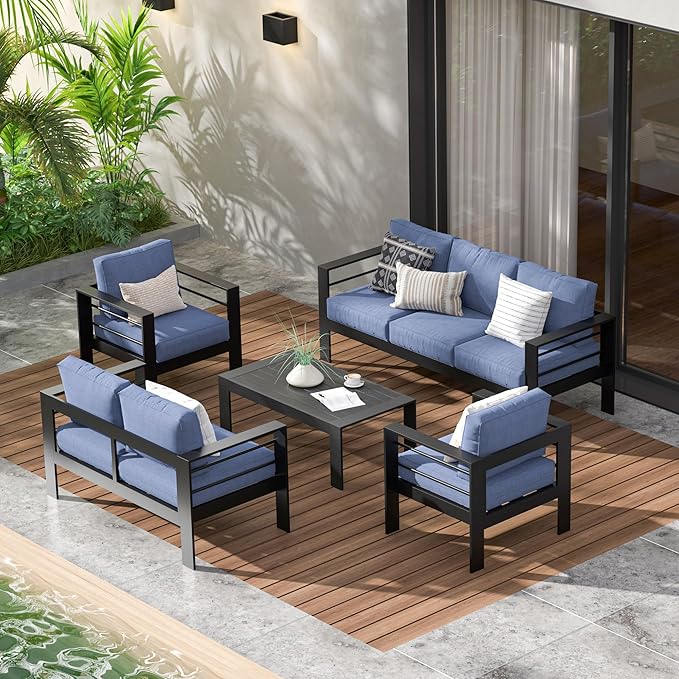 Wisteria Lane Aluminum Outdoor Patio Furniture Set, Modern Patio Conversation Sets, Outdoor Sectional Metal Sofa with 5 Inch Cushion and Coffee Table for Balcony, Garden, Black Frame and Blue Cushion - LeafyLoom