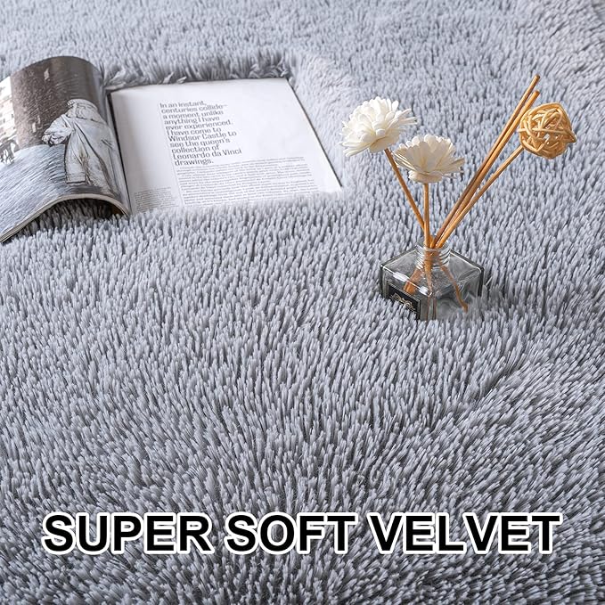 Merelax Soft Shaggy Rug for Kids Bedroom, Oval 2.6 x5.3 ft Grey Plush Fluffy Carpets for Living Room, Furry Carpet for Teen Girls Room, Anti-skid Fuzzy Comfy Rug for Nursery Decor Cute Baby Play Mat - LeafyLoom