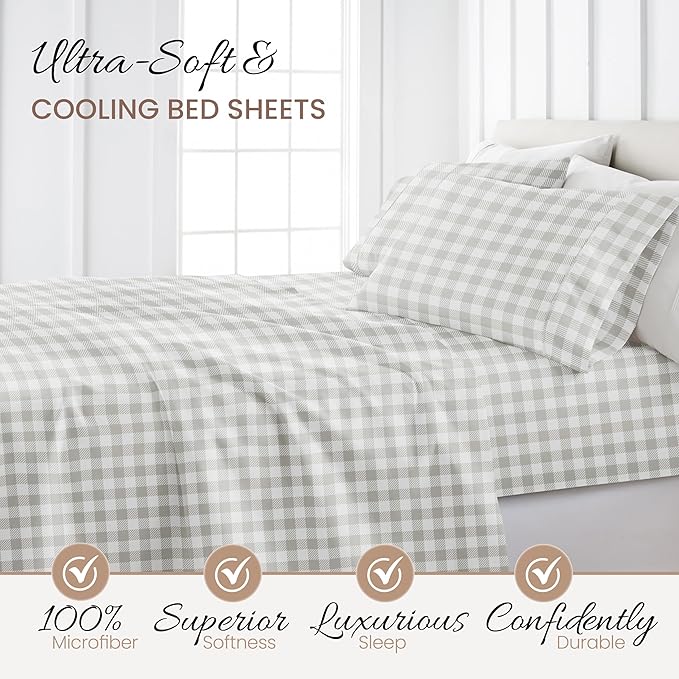 Linen Market 4 Piece Queen Bedding Sheet Set (Light Gray Plaid) - Sleep Better Than Ever with These Ultra-Soft & Cooling Bed Sheets for Your Queen Size Bed - Deep Pocket Fits 16" Mattress - LeafyLoom