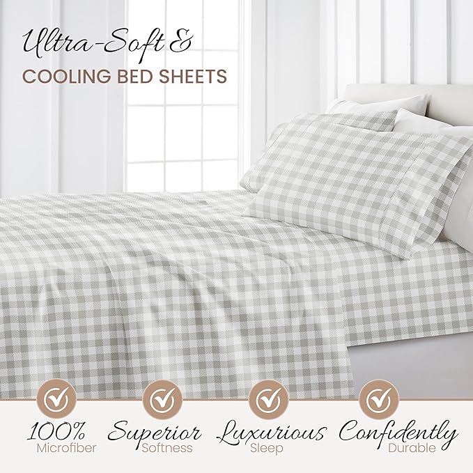 Linen Market 4 Piece King Bedding Sheet Set (Light Gray Plaid) - Sleep Better Than Ever with These Ultra-Soft & Cooling Bed Sheets for Your King Size Bed - Deep Pocket Fits 16" Mattress - LeafyLoom