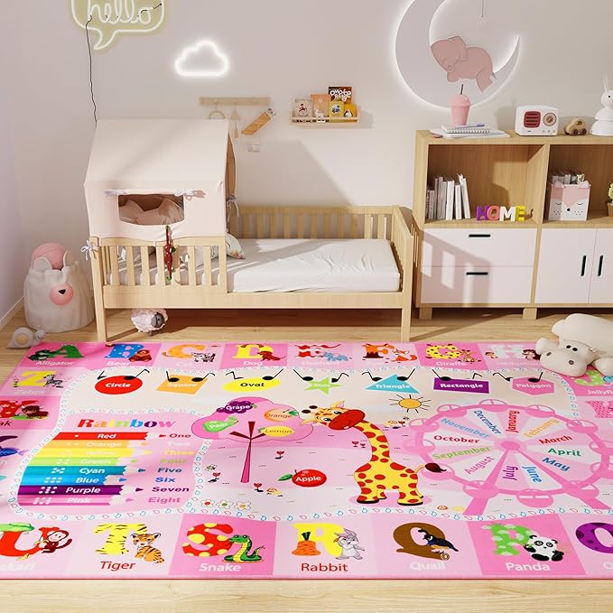 Pink Playroom Rug 4x6,Rugs for Girls Kids Bedroom Nursery Rug,ABC Rug with Alphabets Animals Shapes,Educational and Fun Child Playmat Baby Care Rug,Learning Rug Carpets for Children Toddler - LeafyLoom