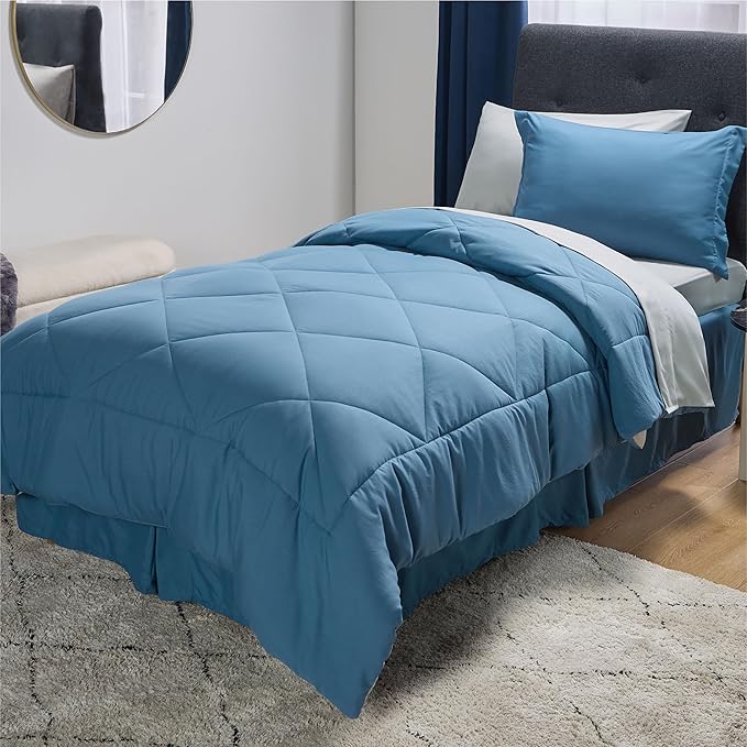 Bedsure Blue Twin XL Comforter Set - 5 Pieces Reversible Blue Bed Set Twin XL with Comforters, Sheets, Pillowcase & Sham, Blue Bedding Set for College - LeafyLoom