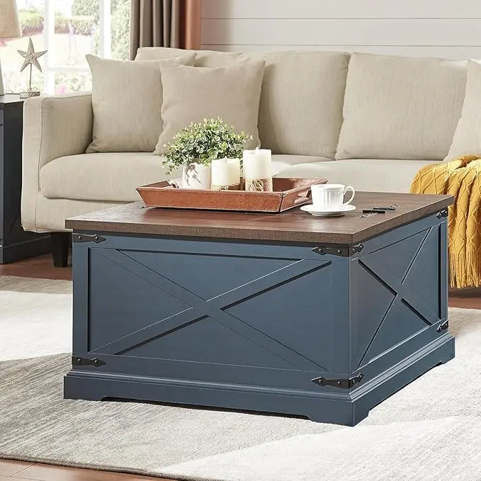 Farmhouse Square Coffee Table with Storage, Wood Center Table with Hinged Lift Top, Rustic Cocktail Table with Large Hidden Storage Compartment for Living Room, Bedroom,Blue - LeafyLoom