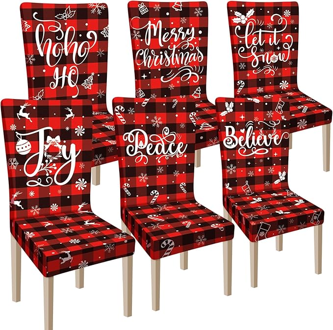 Ganeen 6 Pcs Christmas Chair Covers Merry Christmas Chair Back Cover Stretch Christmas Seat Cover Washable Xmas Dining Chair Protector Slipcover for Dining Room Kitchen Holiday Party(Plaid Style) Ganeen