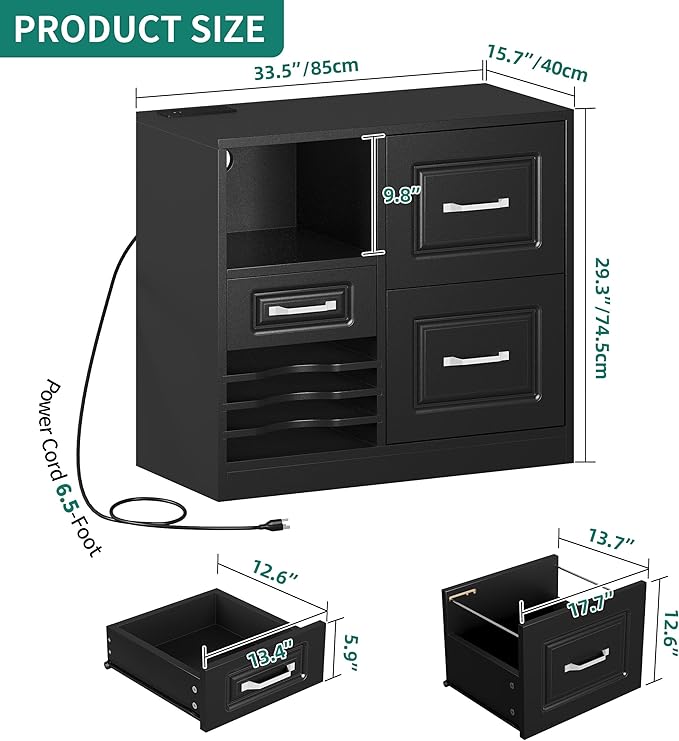 YITAHOME 3 Drawer File Cabinet, Filing Cabinet with Charging Station, Printer Stand with Open Storage Shelves, Fits for A4, Letter, Legal Size Files, Black - LeafyLoom