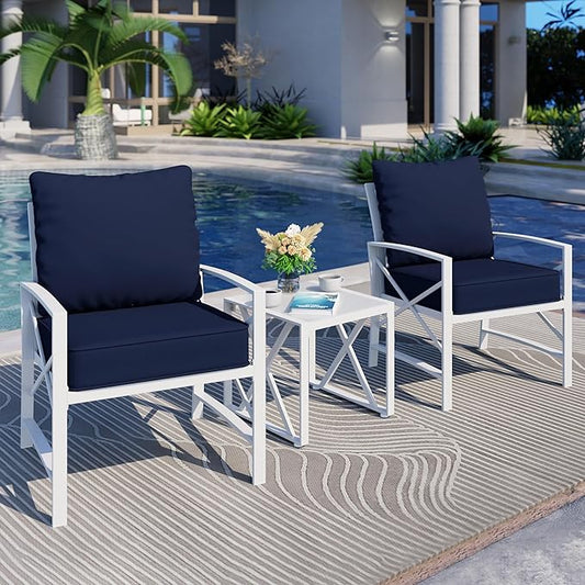 Shintenchi 3 Piece White Metal Outdoor Furniture Sectional Set, Modern Outdoor Metal Chair Conversation Furniture Set with Coffee Table for Patio,Backyard,Balcony (Dark Blue) - LeafyLoom