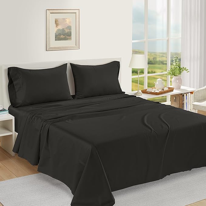 LANE LINEN 100% Egyptian Cotton Bed Sheets - 1000 Thread Count 3-Piece Twin XL Sheets Set, Long Staple Cotton Bedding Sheets, Sateen Weave, Luxury Hotel Sheets, Fits Upto 16" Mattress - Black - LeafyLoom