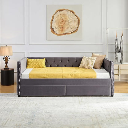 Twin Size Velvet Upholstered Daybed with Two Storage Drawers, Solid Wood Sofa Bed w/Button Tufted Backrest, for Living Room, Bedroom, Dorm, No Box Spring Needed, Grey - LeafyLoom