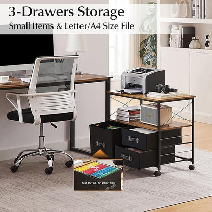 VECELO 3 Drawer Lateral File Cabinet Rolling Printer Stand with Open Storage Shelf, Fits A4 Or Letter Size, with Lockable Casters, Leather Handle, Ideal for Small Spaces, Brown+Black - LeafyLoom