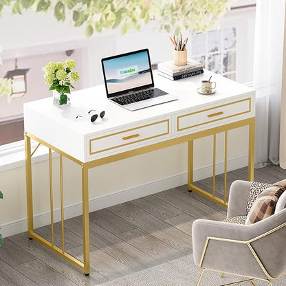 47’’ Computer Desk with 2 Drawers, White Gold Writing Desk Make Up Vanity Table - LeafyLoom