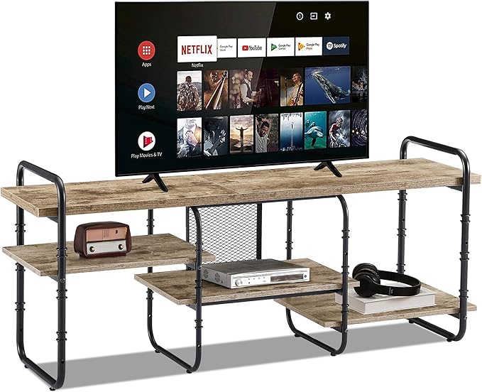 VECELO, Entertainment Center/Media Console Table with Adjustable Storage Shelves for Living Room/Bedroom, 55 inch TV Stand, Grey - LeafyLoom