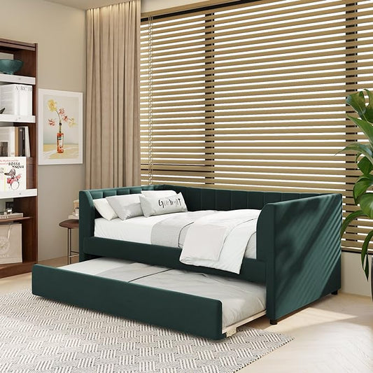 Twin Size Upholstered Velvet Daybed with Trundle,Wood Bed Frame w/ 2 Armrests,Slat Support,No Box Spring Needed,for Small Living Spaces and Accommodating Guests,Green - LeafyLoom