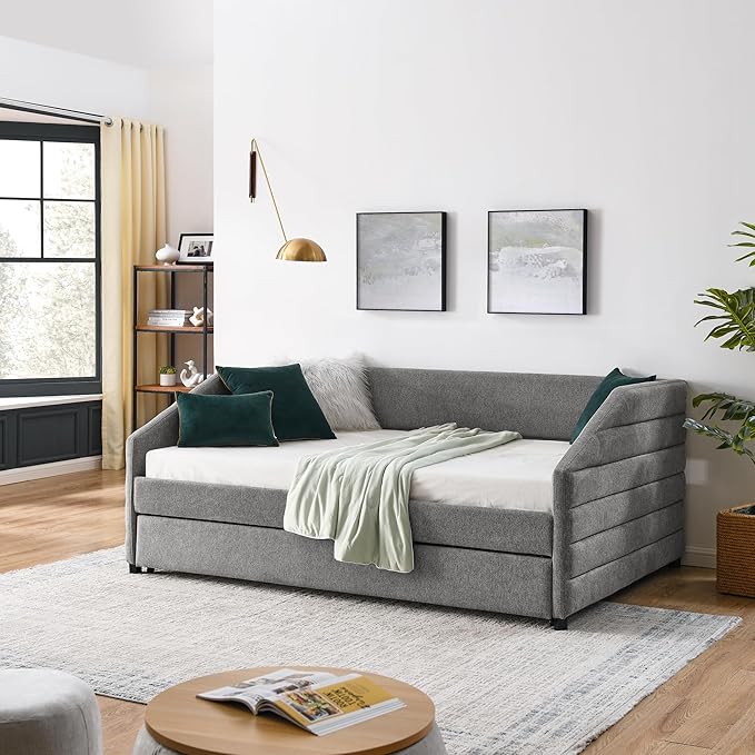 Full Size Daybed with Trundle Linen Upholstered Tufted Sofa Bed,Multi-Functional Day Bed Frame,No Box Spring Needed,for Bedroom, Guest Room,Grey (82.5"x58"x34" - LeafyLoom