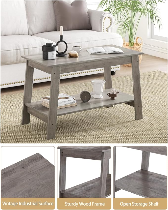 Coffee Table with Storage Shelf, 2-Tier Coffee Tables for Living Room, Farmhouse Wood Rectangle Small Coffee Table, Living Room Tables, TV Stands, Minimalist Modern Center Table, Easy Assembly, Gray - LeafyLoom