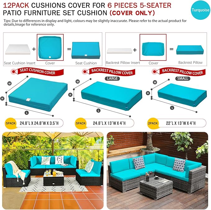 ClawsCover 12 Pack Outdoor Seat and Back Cushions Replacement Covers Fit for 6Pieces 5-Seater Wicker Rattan Patio Furniture Conversation Set Sectional Couch Chairs,Turquoise-Include Cover Only - LeafyLoom