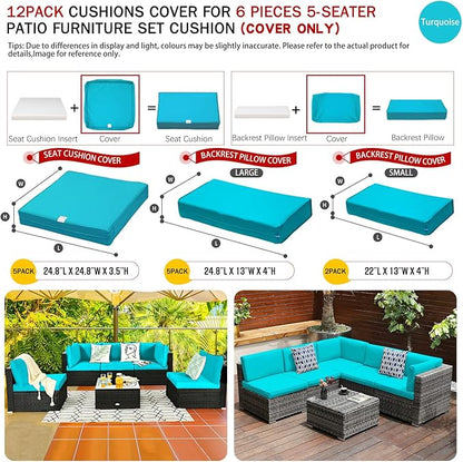 ClawsCover 12 Pack Outdoor Seat and Back Cushions Replacement Covers Fit for 6Pieces 5-Seater Wicker Rattan Patio Furniture Conversation Set Sectional Couch Chairs,Turquoise-Include Cover Only - LeafyLoom