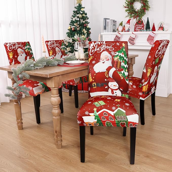 U'Artlines Christmas Chair Covers Set of 4, Removable Washable Merry Christmas Dining Chair Seat Covers Stretch Protector Slipcovers for Dining Room Kitchen Holiday Party Decor, Santa Claus UArtlines