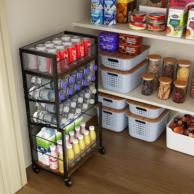 4-Tier Rolling Storage Cart Organizer with 2 Mesh Sliding Trays, Can,Drink,Snack Organizer Shelves, Retro Utility Cart on Lockable Wheels for Kitchen,Bathroom,Study,Pantry - LeafyLoom