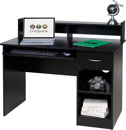 OneSpace Essential Computer Desk, Hutch with Pull-Out Keyboard, Black - LeafyLoom