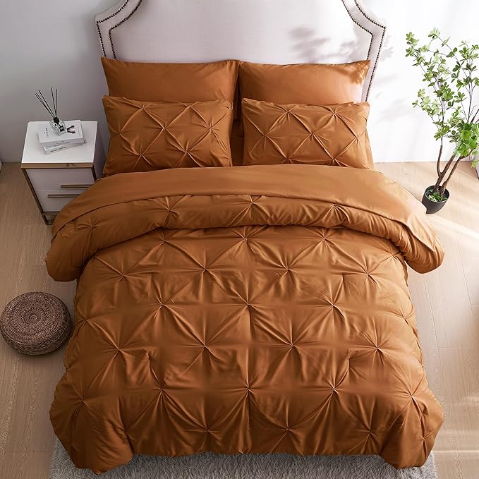 Ubauba 7pc Burnt Orange Queen Comforter Set, Rust 7 Piece Pintuck Bed in a Bag with Sheets, All Season Pinched Pleat Bedding Comforters & Sets,(Rustic, Queen Size) - LeafyLoom