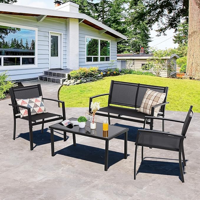 Shintenchi 4 Pieces Patio Furniture Set All Weather Textile Fabric Outdoor Conversation Set, with Glass Coffee Table, Loveseat, 2 Single Chairs for Home, Garden, Lawn, Porch（Black） - LeafyLoom