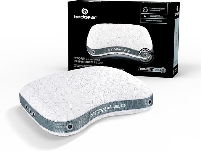 Bedgear Storm Cuddle Curve Performance Pillow - Size 2.0 - Cooling Bed Pillow for Side Sleepers - Medium Firm - Hypoallergenic, Washable and Removable Cover - LeafyLoom