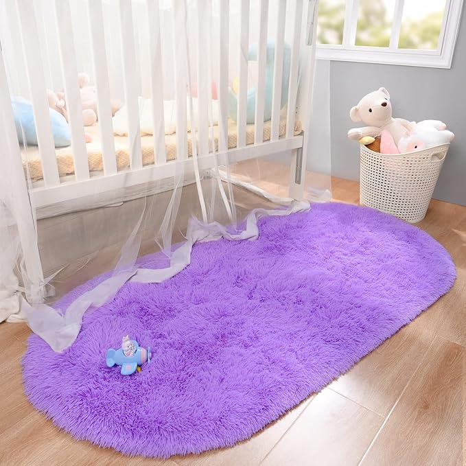 Merelax Soft Shaggy Rug for Kids Bedroom, Oval 2.6'x5.3' Purple Plush Fluffy Carpets for Living Room, Furry Carpet for Teen Girls Room, Anti-skid Fuzzy Comfy Rug for Nursery Decor Cute Baby Play Mat - LeafyLoom