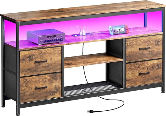 TV Stand Dresser with Power Outlets and LED Lights, 4 Drawers Entertainment Center with Shelves, 54 Inch Media Console for 55 60 Inch TV, 4 AC Outlets, 2 USBs, Rustic Brown - LeafyLoom