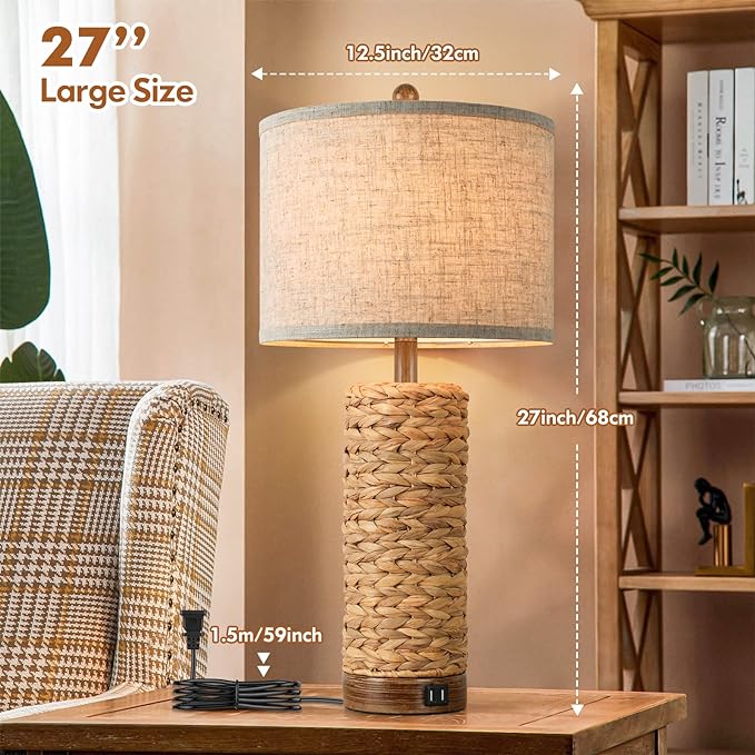 Set of 2 Rattan Table Lamps for Living Room with 2 USB Ports, 27in Tall Bedroom Lamp Costal Farmhouse, Rustic Woven Seagrass Bedside Nightstand Lamps for End Table, E26 Socket&Rotary Switch, No Bulb - LeafyLoom