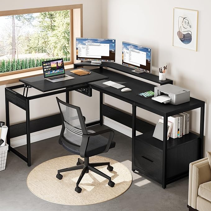 YITAHOME L Shaped Desk with File Drawer, 65" Large Computer Desk Corner Desk with Lift Top, Standing Desk Height Adjustable with Monitor Stand & Storage Shelves for Home Office, Black - LeafyLoom