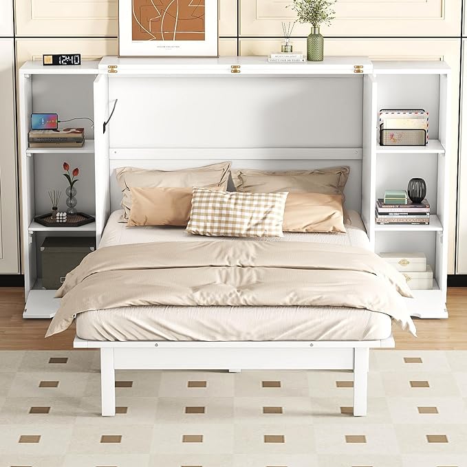 Queen Size Murphy Bed Foldable into Cabinet, Wooden Platform Bedframe with Shelves, Drawers and USB Ports, for Bedroom/Living Room, White - LeafyLoom