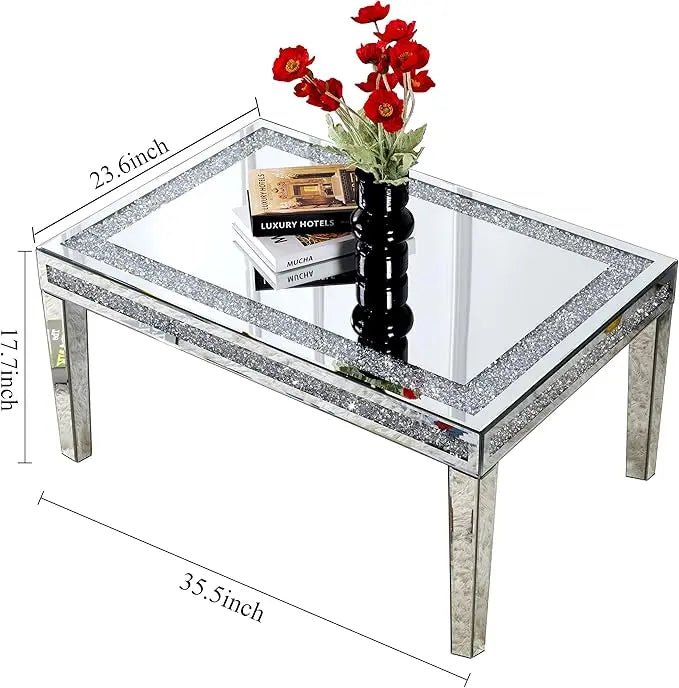 Silver Coffee Table with Crystals Inlay, 35 inches Modern Contemporary Accent Side or Coffee Table for Living Room with Mirrored Finished - LeafyLoom