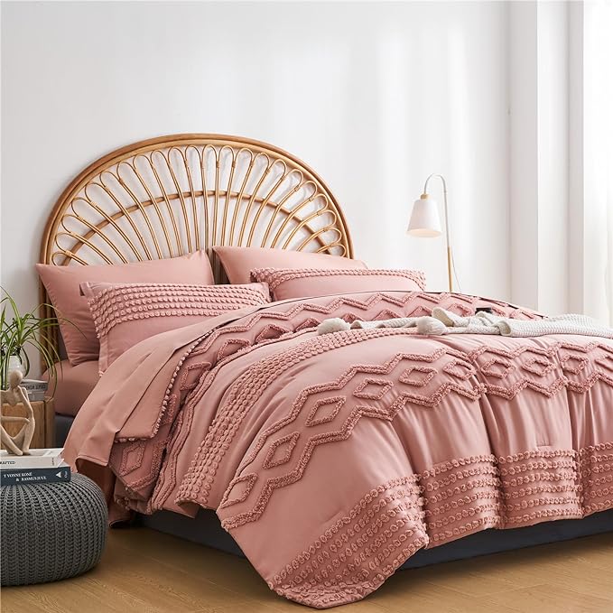 KAKIJUMN Blush Pink Tufted Comforter Set Full Size 7 Piece Bed in a Bag, Shabby Chic Boho Comforter and Sheet Set, All Season Soft Microfiber Complete Bedding Set(Pink,Full) - LeafyLoom