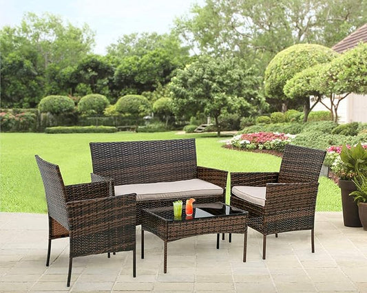 Outdoor Patio Furniture Sets 4 Pieces Patio Set Rattan Chair Wicker Sofa Conversation Set Patio Chair for Backyard Lawn Porch Poolside Balcony Garden Furniture Sets with Coffee Table (Brown) - LeafyLoom