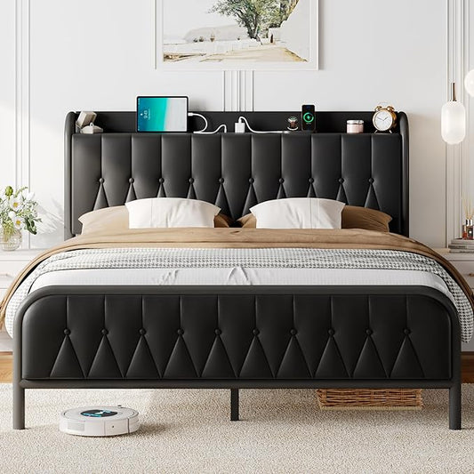 Feonase Full Bed Frame with Type-C & USB Port, Metal Platform Beds, with Faux Leather Upholstered Headboard & Footboard, 12" Underbed Storage Space, Easy Assembly, Noise-Free, Black - LeafyLoom