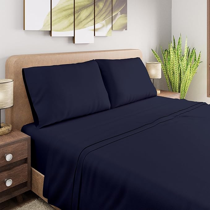 Purity Home Organic 100% Cotton King Size Sheets Set Navy, Percale Weave King Bedding Set, Crisp, Cooling & Breathable Navy Bed Sheets King Size, Fits Mattress Upto 16" Deep Pocket - LeafyLoom