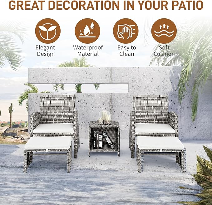 Outvita 5 Pieces Patio Furniture Set, Outdoor Rattan Sectional Sofa Conversation Sets with Coffee Table, Single Sofa and Ottoman for Garden Backyard Balcony Porch Poolside(Gray Gradient) - LeafyLoom