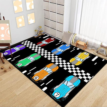 Race Car Rug Kids Play Area Rugs Race Car Track Rug Kids Rug with Roads and Tracks Car Track Carpet Car Rug for Boys Room Race Car Room Decor for Boys,Black 5'×7' - LeafyLoom