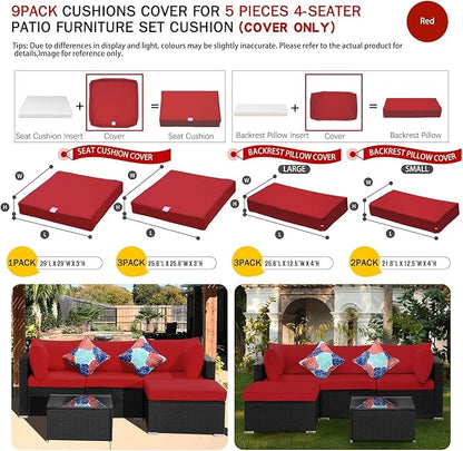 ClawsCover 9Pack Outdoor Seat and Back Cushions Replacement Covers Fit for 5 Pieces 4-Seater Wicker Rattan Patio Conversation Set Sectional Couch Furniture,Red-Include Covers Only (Large) - LeafyLoom