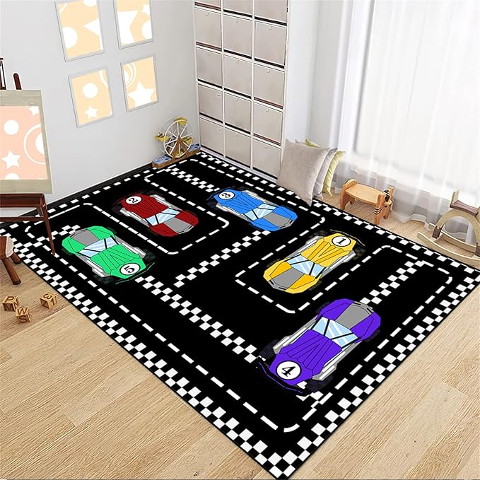 Car Rug Race Car Rug Car Track Rugs for Boys Race Track Carpet Race Car Track Rug Car Rug for Boys Room Car Rug Play Mat Car Carpet for Kids Rugs for Boys Bedroom,Black 4'5''×6' - LeafyLoom